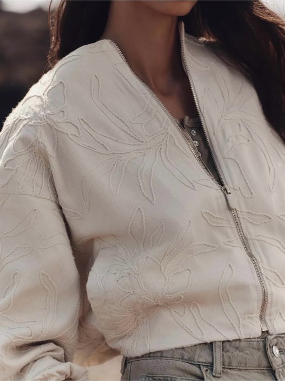 Zara Cream Embroidered Bomber Jacket